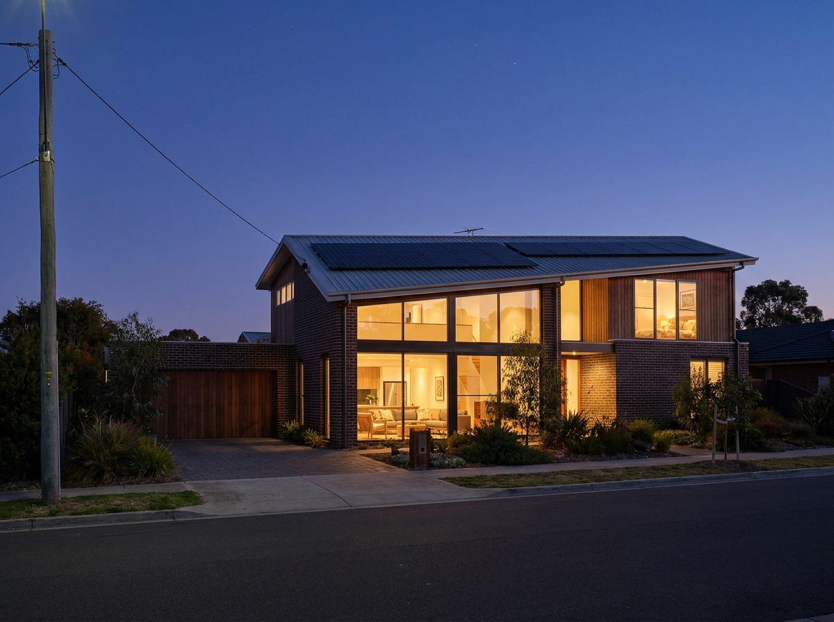 Australian home exporting rooftop solar to the grid at dusk