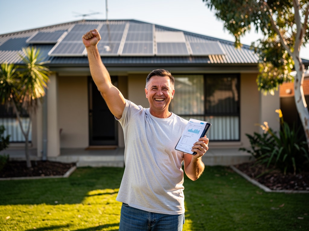 Homeowner celebrating savings in front of solar-powered house asking is solar electricity worth it