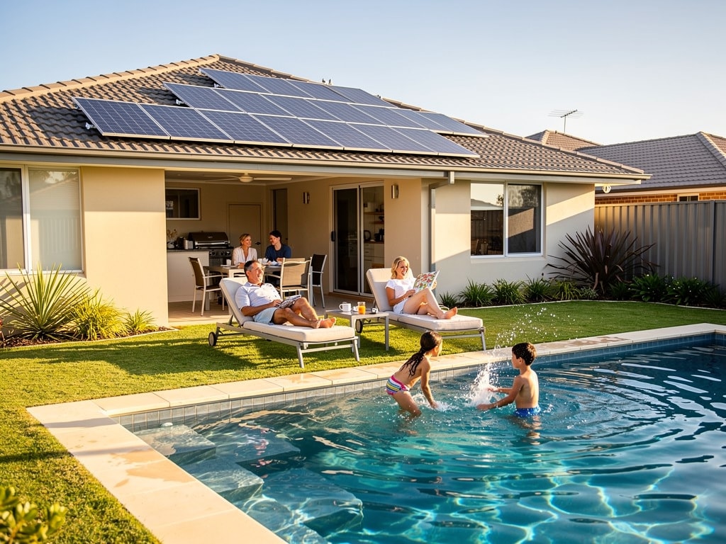 Family relaxing by pool at solar-powered home considering is solar electricity worth it in Australia