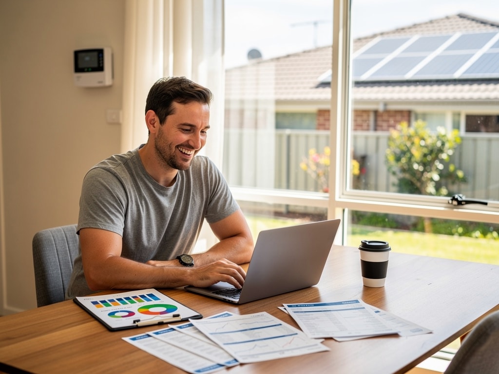 Australian homeowner using Solar savings estimator on laptop to compare solar energy savings
