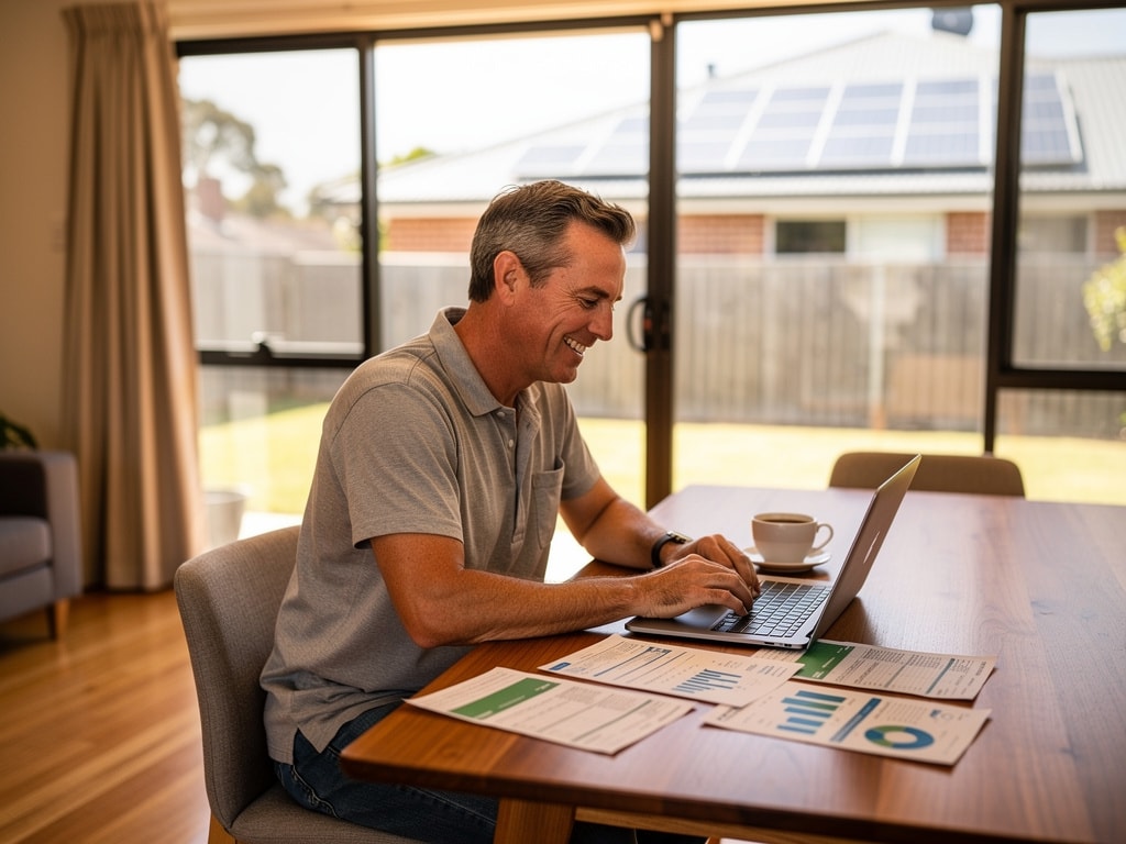 Homeowner analysing bills online with Solar savings estimator to forecast energy savings
