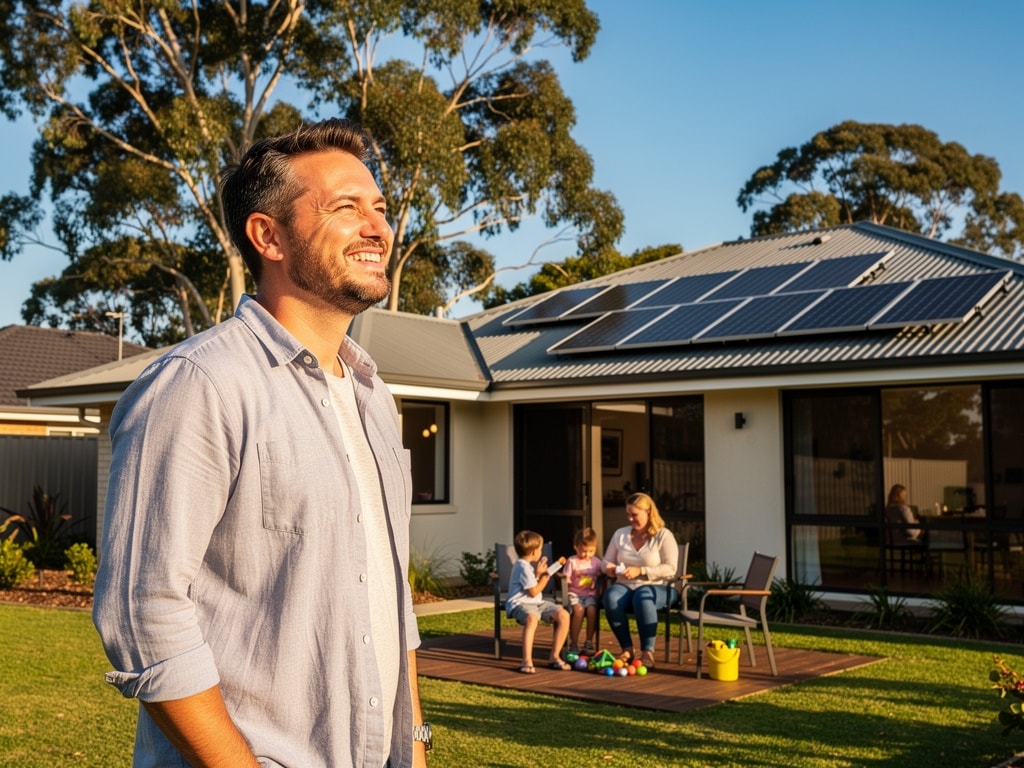 Homeowner outside solar-powered house using a Solar savings estimator to plan long-term energy savings