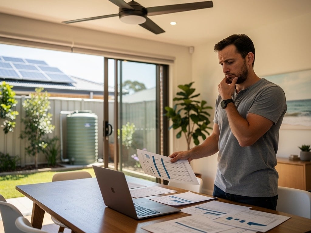 Man analysing solar savings documents at kitchen table while researching available solar rebates