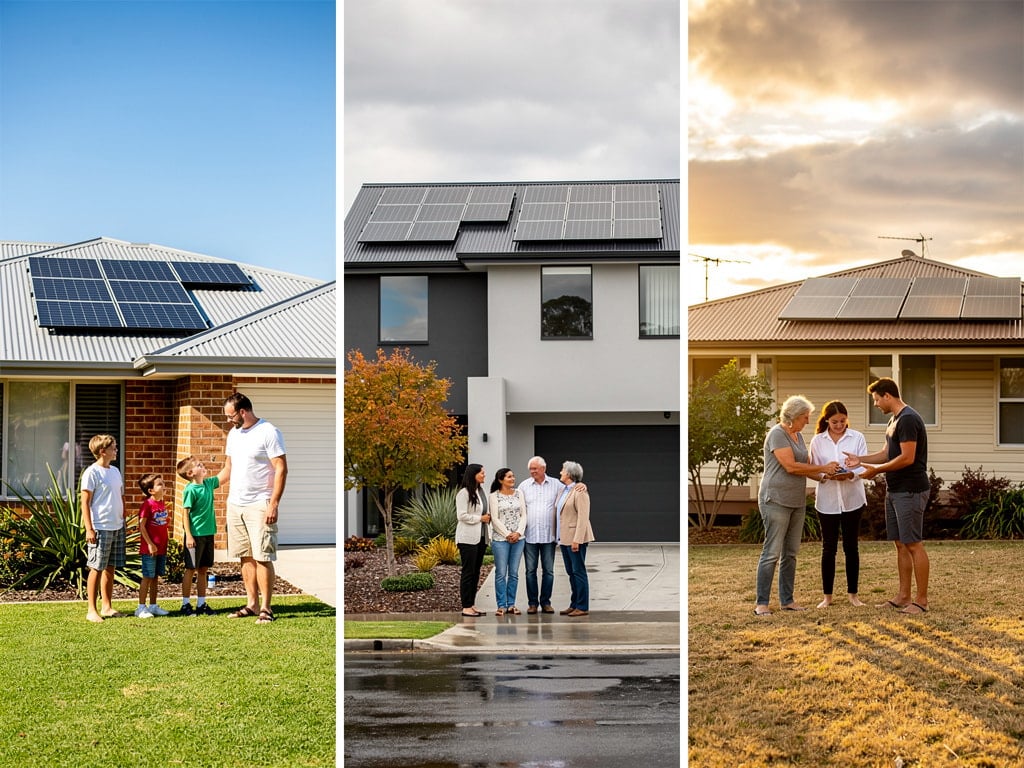 Families standing outside solar-powered homes benefiting from government solar rebates in 2026 guide