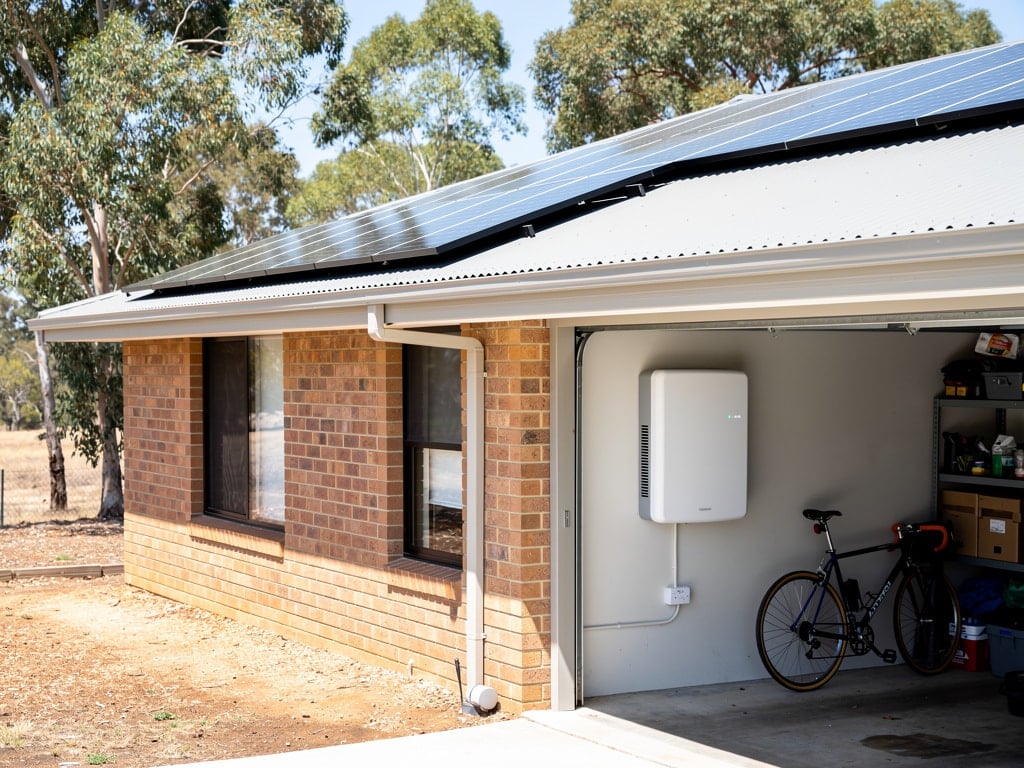Home with rooftop solar panels and garage battery system highlighting solar rebates for Australian households