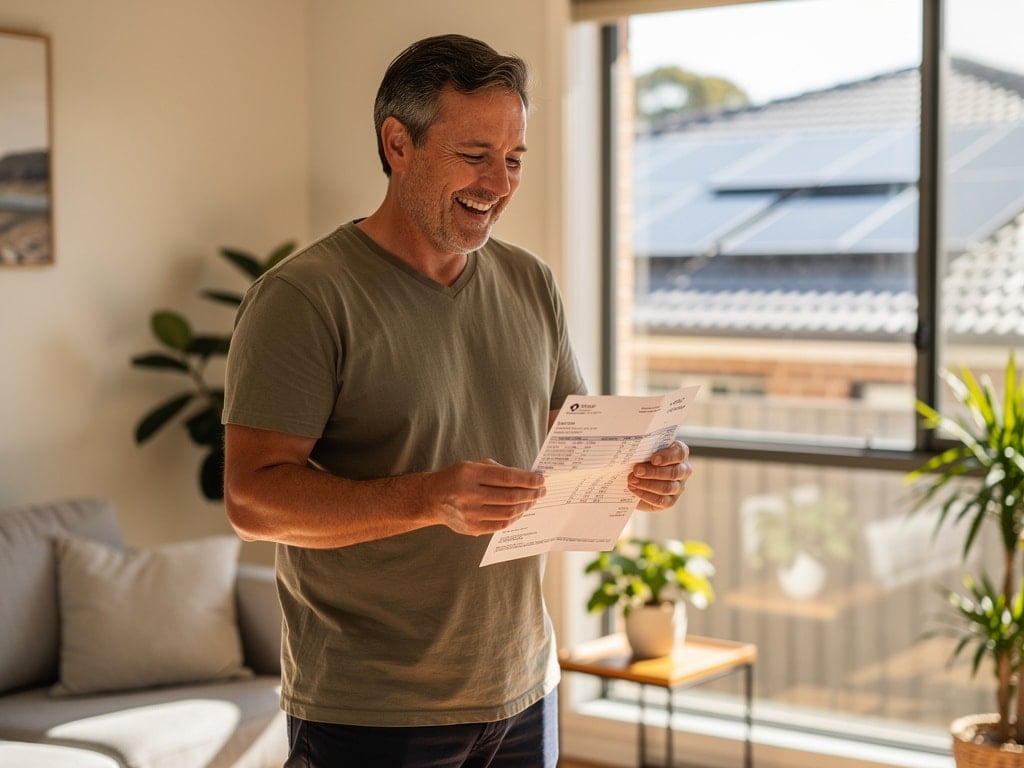 Homeowner reviewing power bill indoors after claiming solar rebates on new rooftop solar system