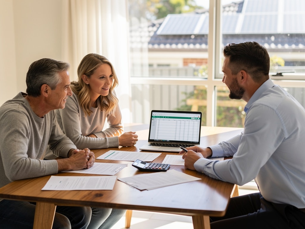 Couple consulting solar advisor about installing a 20kW solar system for long-term energy savings