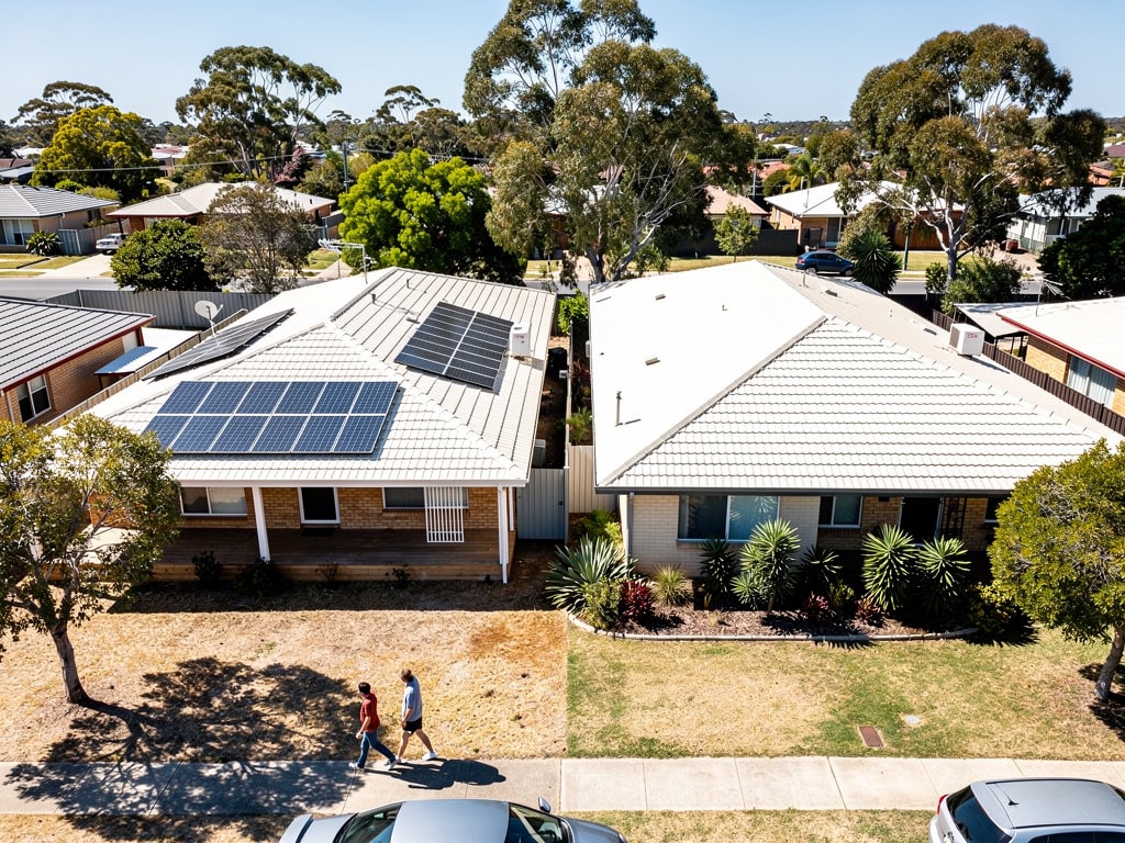 Aerial view of neighbouring houses comparing rooftop layouts for a 20kW solar system setup