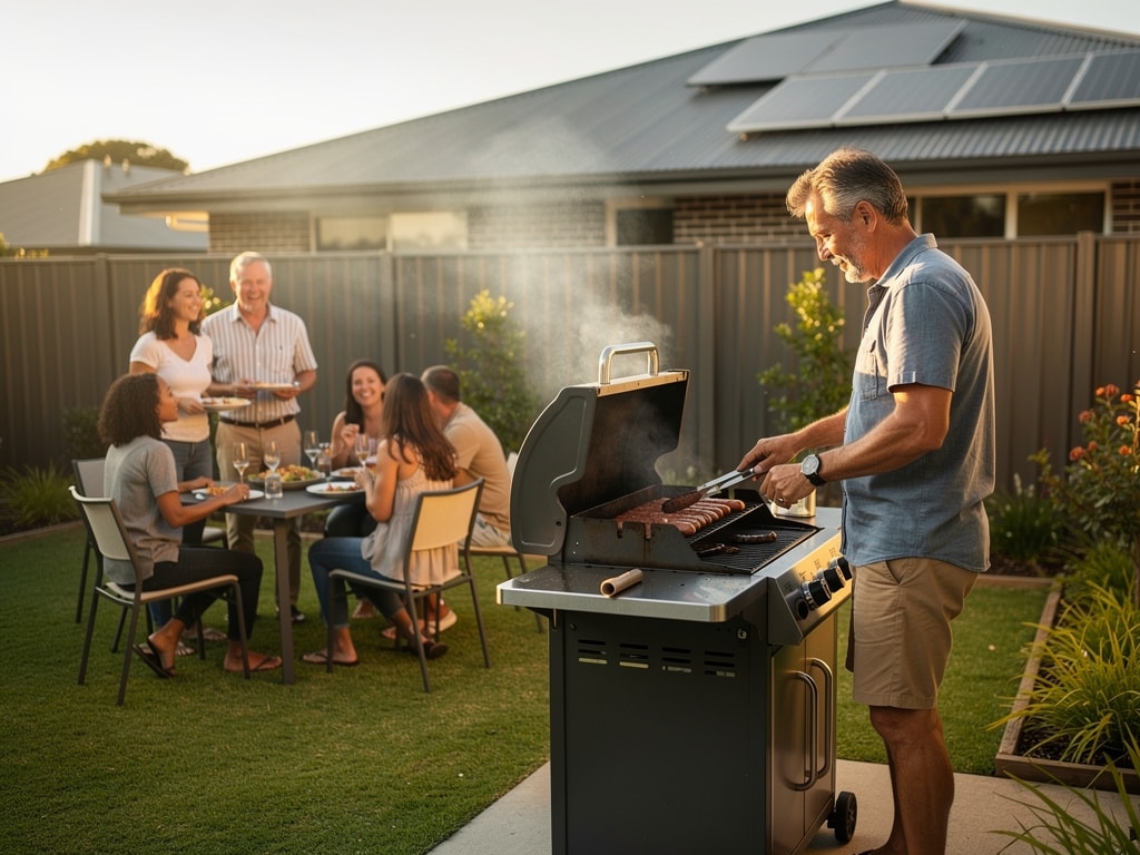 Family enjoying backyard barbecue at home with rooftop solar energy packages installed