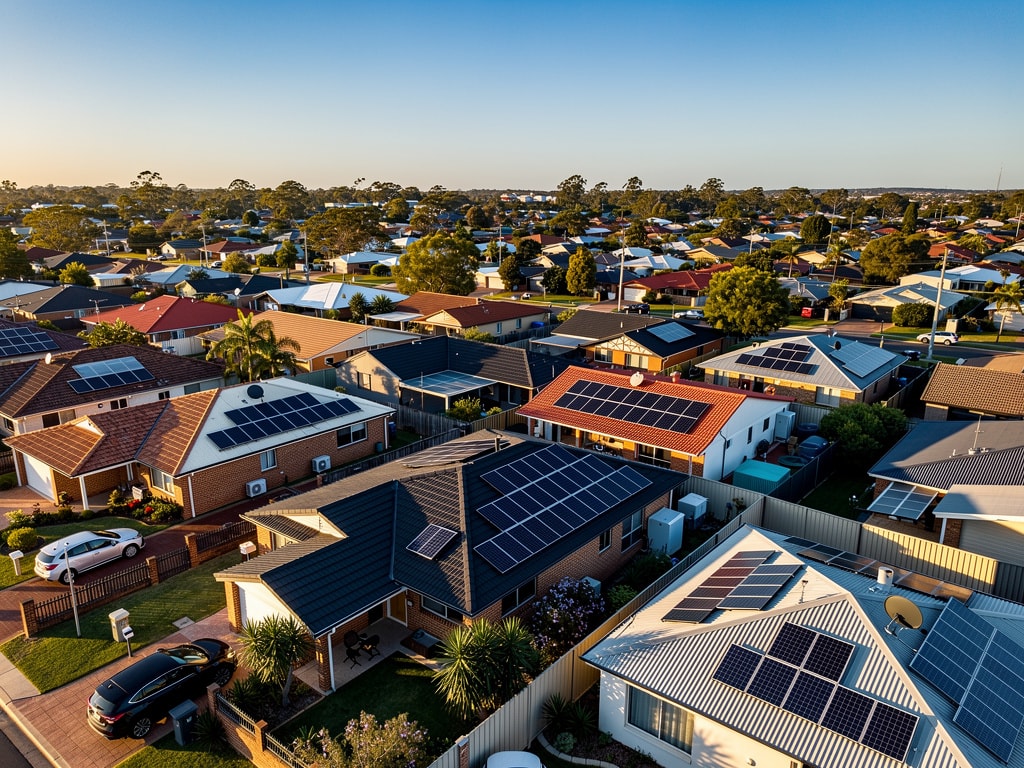 Aerial view of Australian suburb comparing different rooftop solar energy packages installations